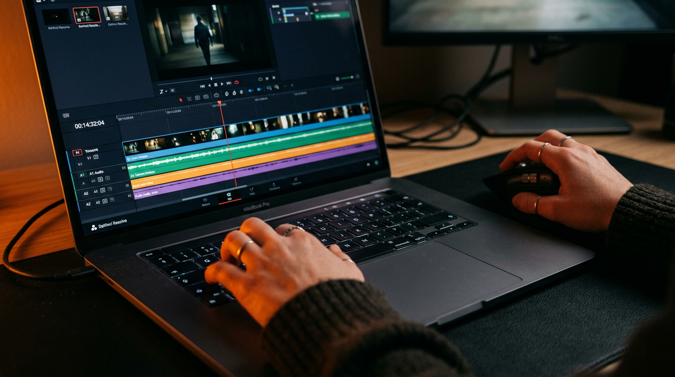 B-roll of hands editing video on a laptop