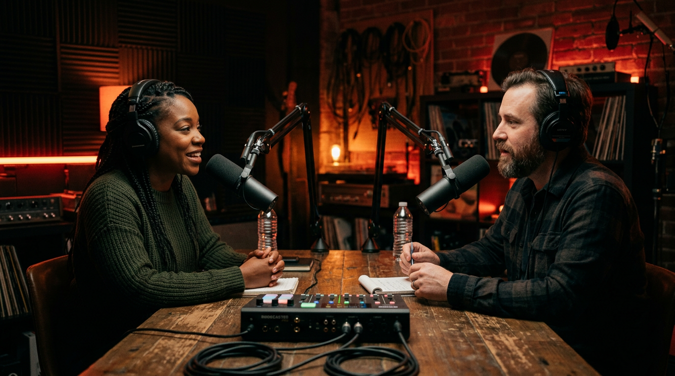 Two people recording a podcast