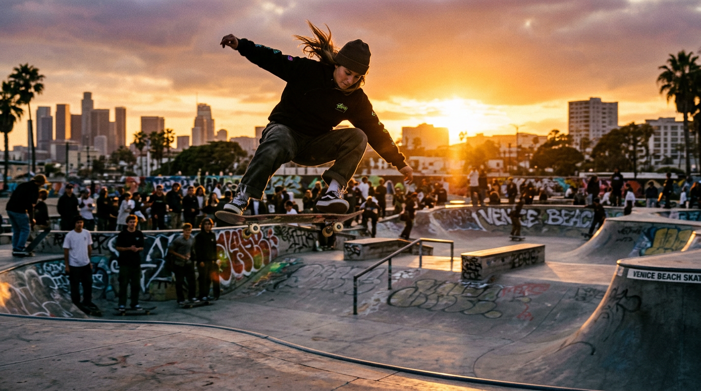 Skateboarder mid-air at golden hour
